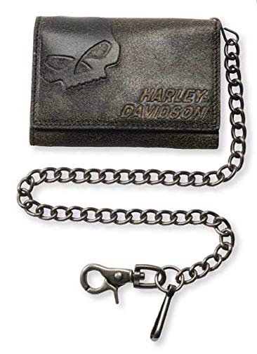 Harley-Davidson Men's Burnished Tri-Fold Skull Biker Chain Wallet BM2625L-TanBlk