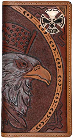 Custom American Spirit Skull and Crossbones hand-tooled leather wallet