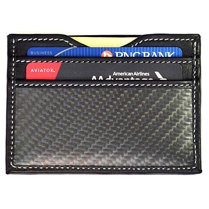 Carbon Fiber and Full Grain Leather Slim Front Pocket Wallet RFID Blocking